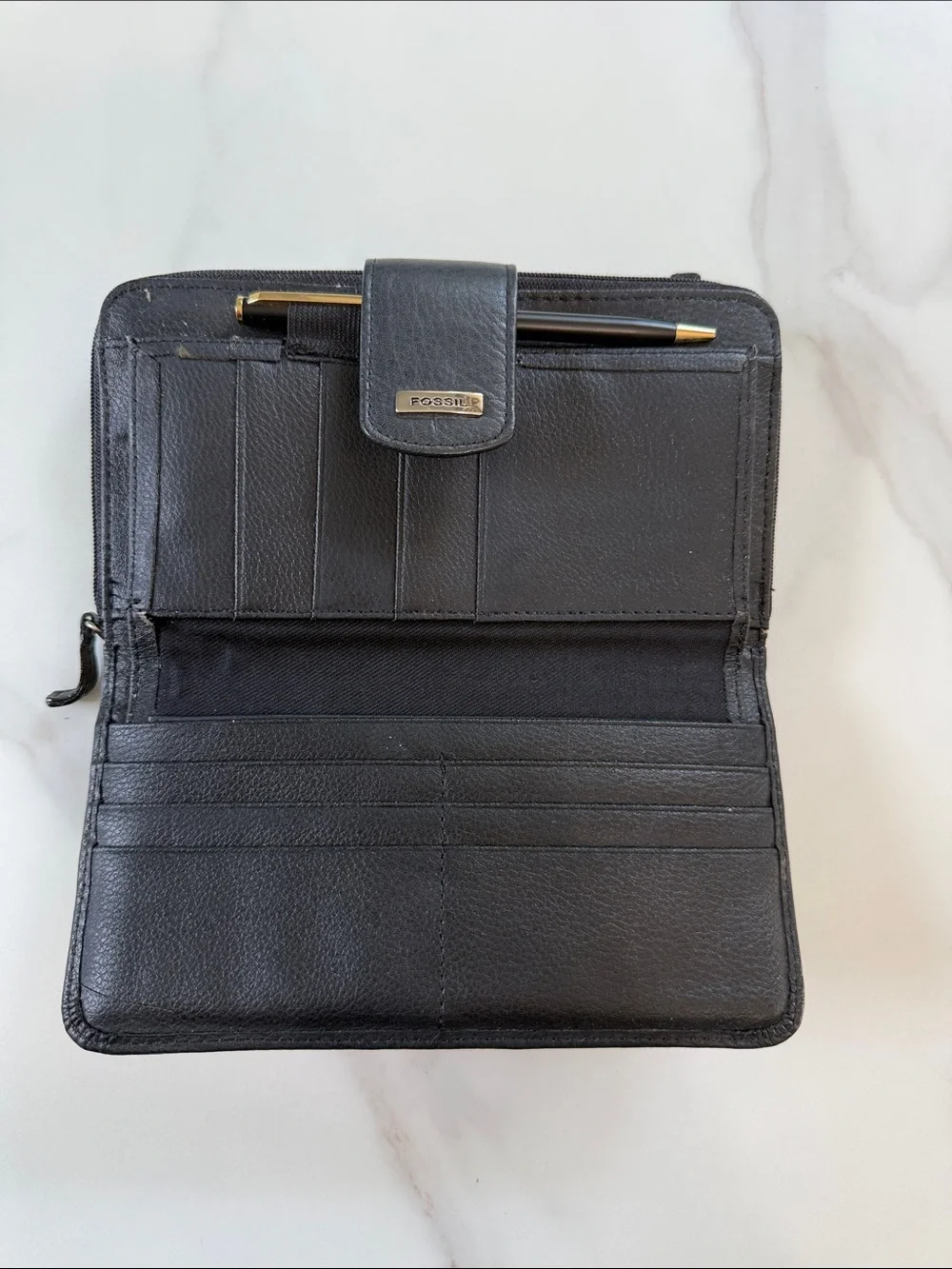 Fossil Black Leather Zip-Around Wallet with Gold Accent